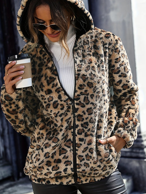 European and American Autumn/winter Women's Hooded Long-sleeve Leopard Print Mid-length Double-sided Loose Casual Zipper Jacket - Jungle Line