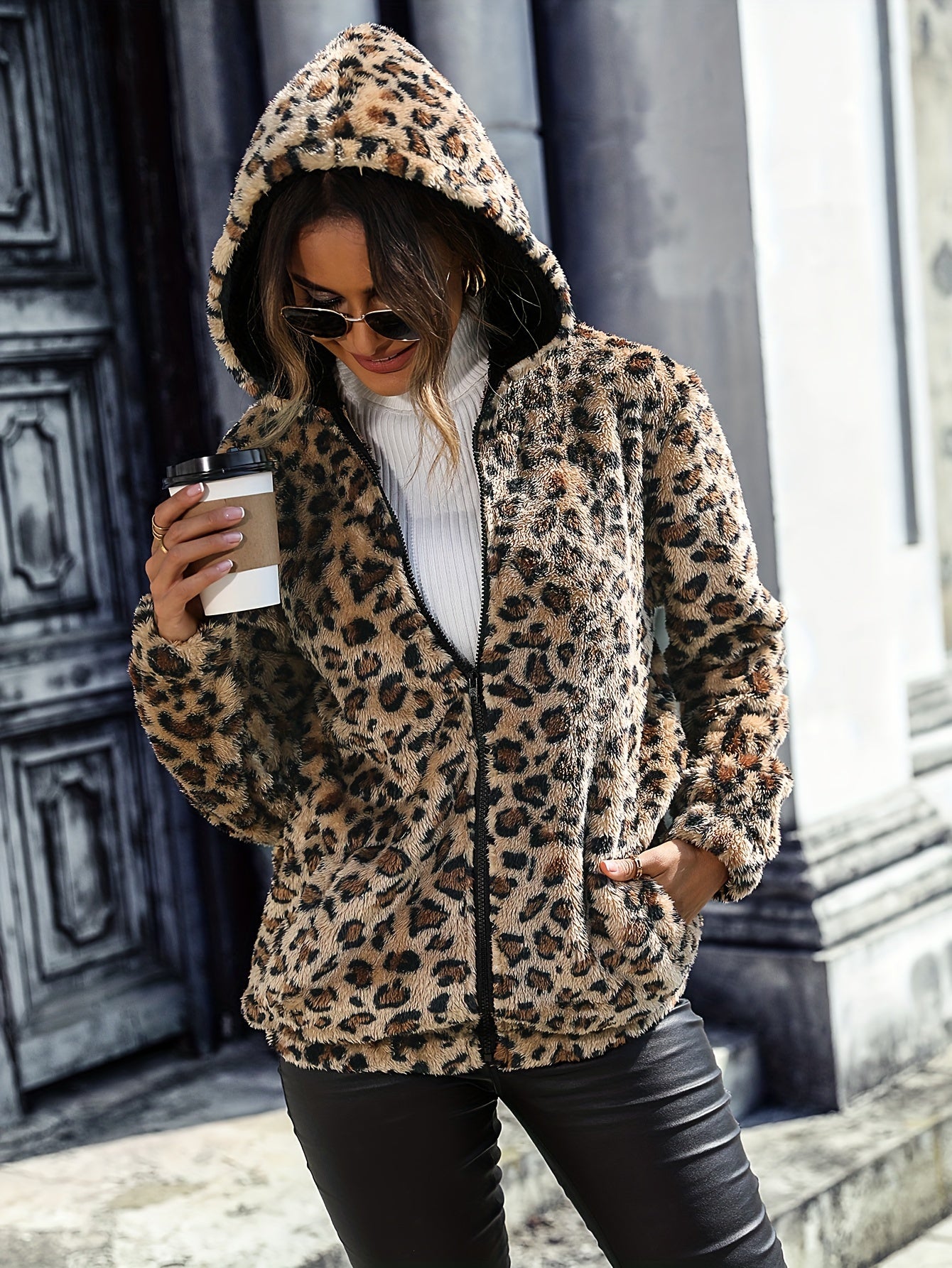 European and American Autumn/winter Women's Hooded Long-sleeve Leopard Print Mid-length Double-sided Loose Casual Zipper Jacket - Jungle Line
