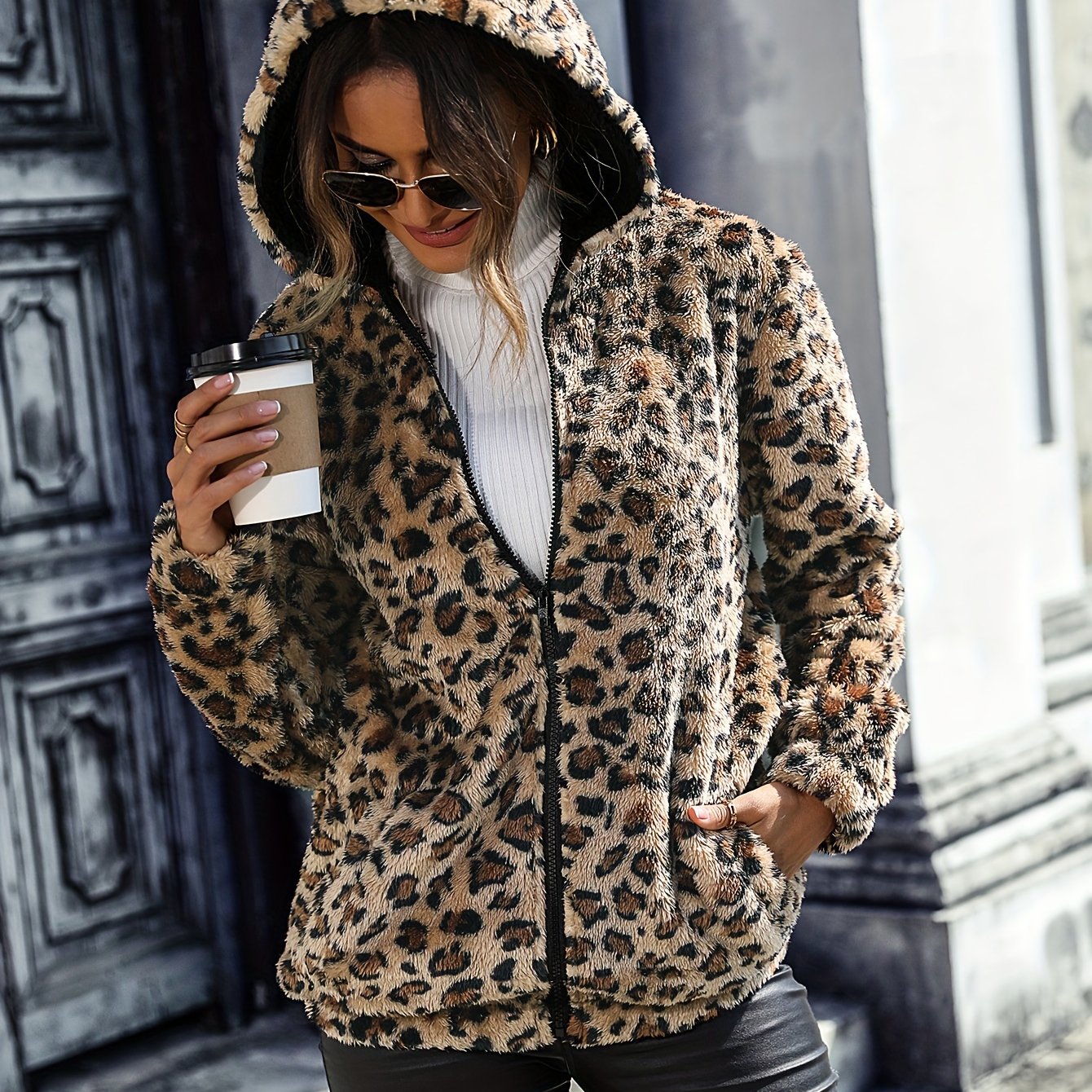 European and American Autumn/winter Women's Hooded Long-sleeve Leopard Print Mid-length Double-sided Loose Casual Zipper Jacket - Jungle Line