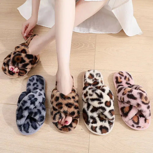 Leopard print cross strap fluffy slippers for women by Jungle Line, comfortable and cozy indoor footwear in brown.