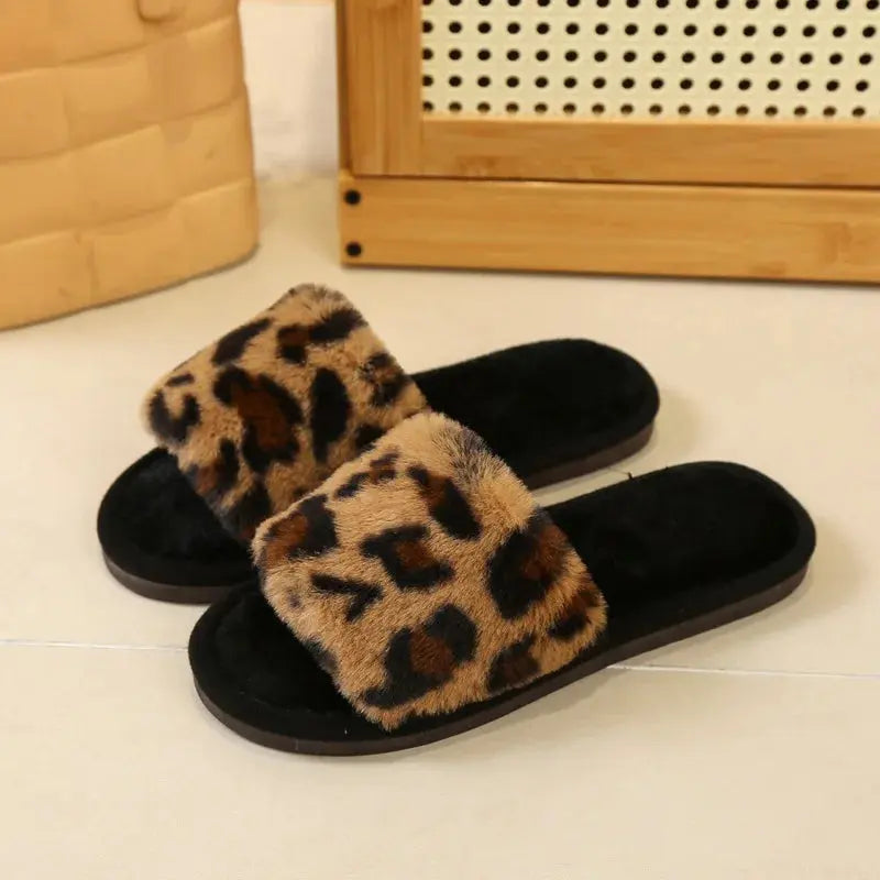 Brown leopard print Cross Strap Fluffy Slippers for women by Jungle Line, featuring cozy, plush material and stylish design.