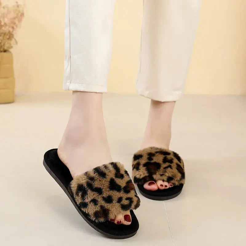 Brown leopard print cross-strap fluffy slippers for women by Jungle Line, featuring cozy, plush material and open-toe design.