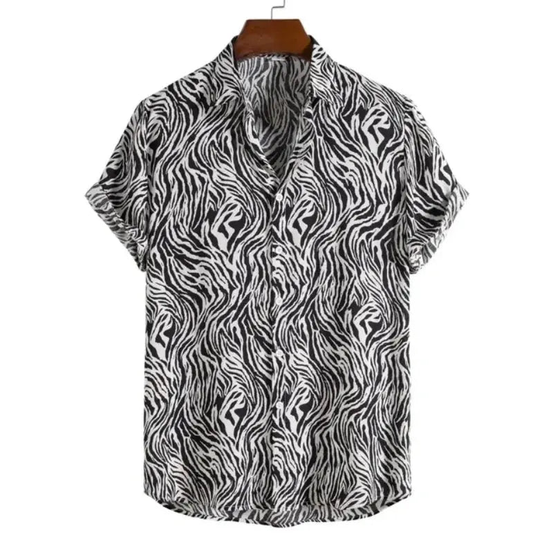 Male slim fit Hawaiian floral leopard print short-sleeve shirt by Jungle Line, featuring vibrant tropical floral design.