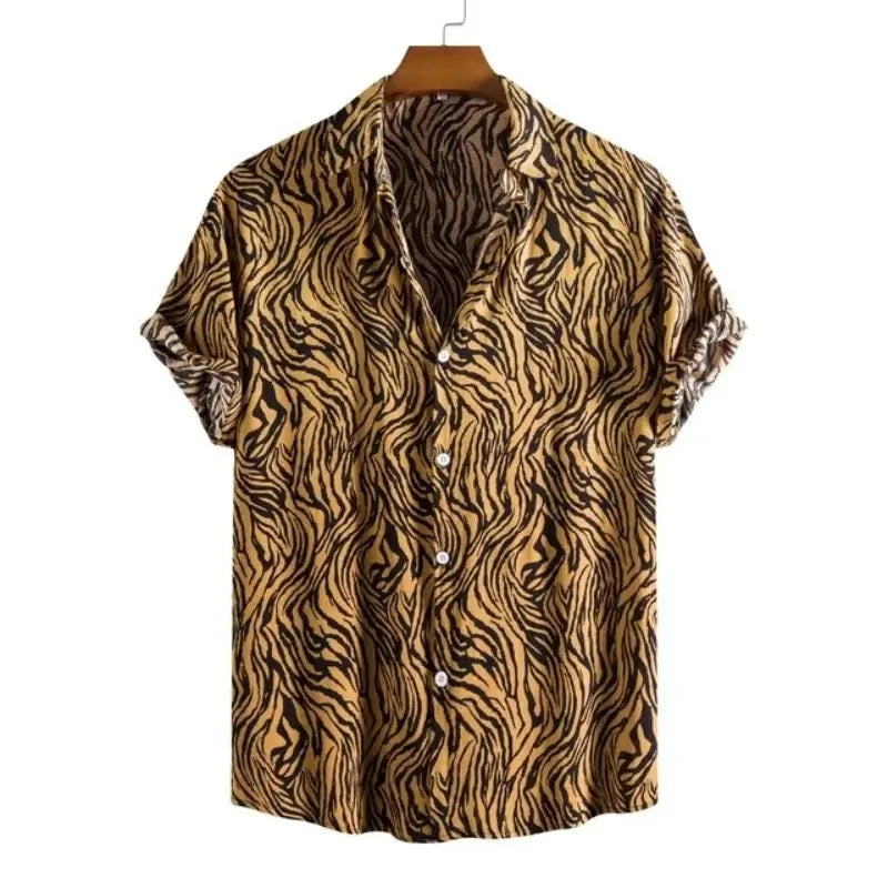 Jungle Line men's slim fit leopard Hawaiian floral short-sleeve shirt with vibrant tropical print.