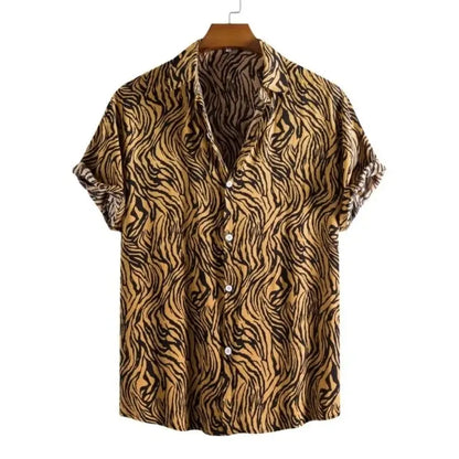 Jungle Line men's slim fit leopard Hawaiian floral short-sleeve shirt with vibrant tropical print.