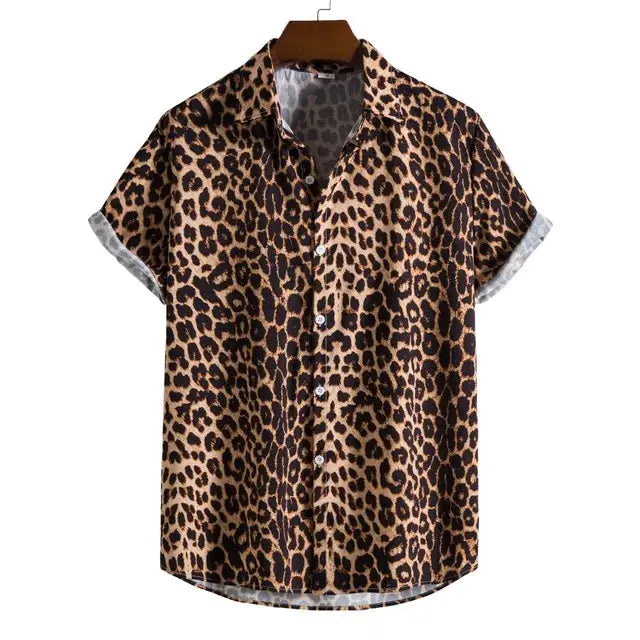 Slim fit male Hawaiian floral leopard print shirt by Jungle Line, featuring vibrant tropical design and short sleeves.