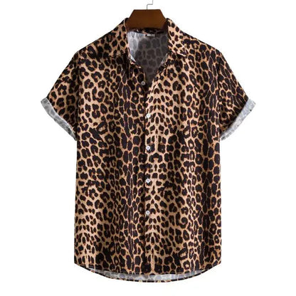 Slim fit male Hawaiian floral leopard print shirt by Jungle Line, featuring vibrant tropical design and short sleeves.
