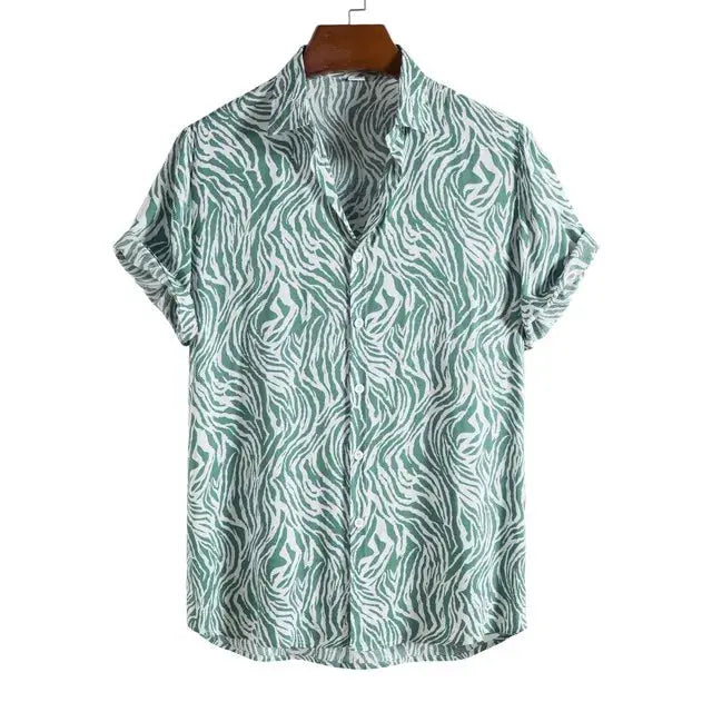 Jungle Line men's slim fit short-sleeve Hawaiian shirt with leopard and floral print, vibrant tropical design.
