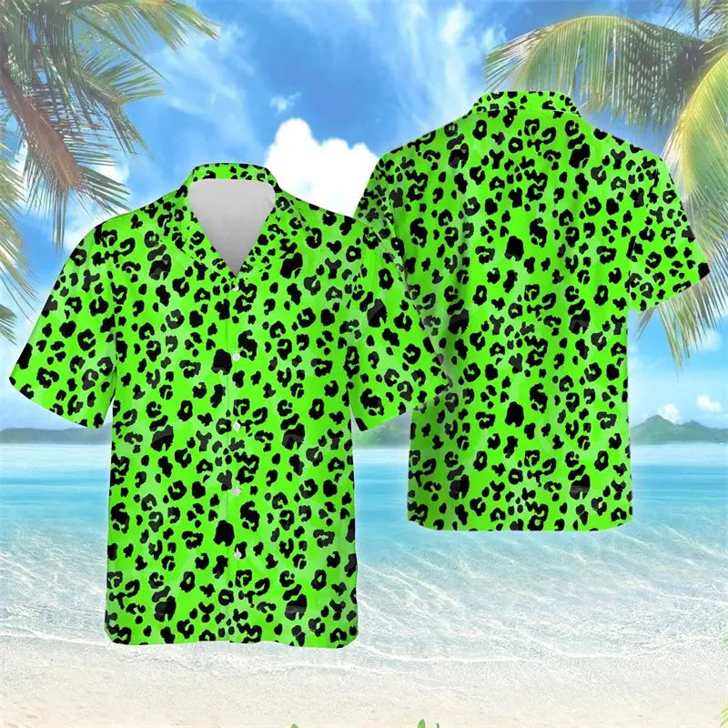 Female Leopard Graphic Lapel Blouse Fashion Male Streetwear Hip Hop Shirt For Men Clothes Wild Animal Short Sleeve Cheetah Top - Jungle Line