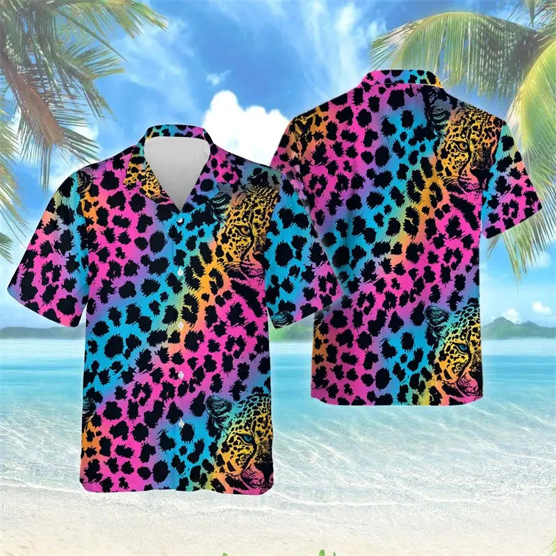 Female Leopard Graphic Lapel Blouse Fashion Male Streetwear Hip Hop Shirt For Men Clothes Wild Animal Short Sleeve Cheetah Top - Jungle Line
