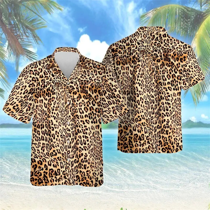 Female Leopard Graphic Lapel Blouse Fashion Male Streetwear Hip Hop Shirt For Men Clothes Wild Animal Short Sleeve Cheetah Top - Jungle Line