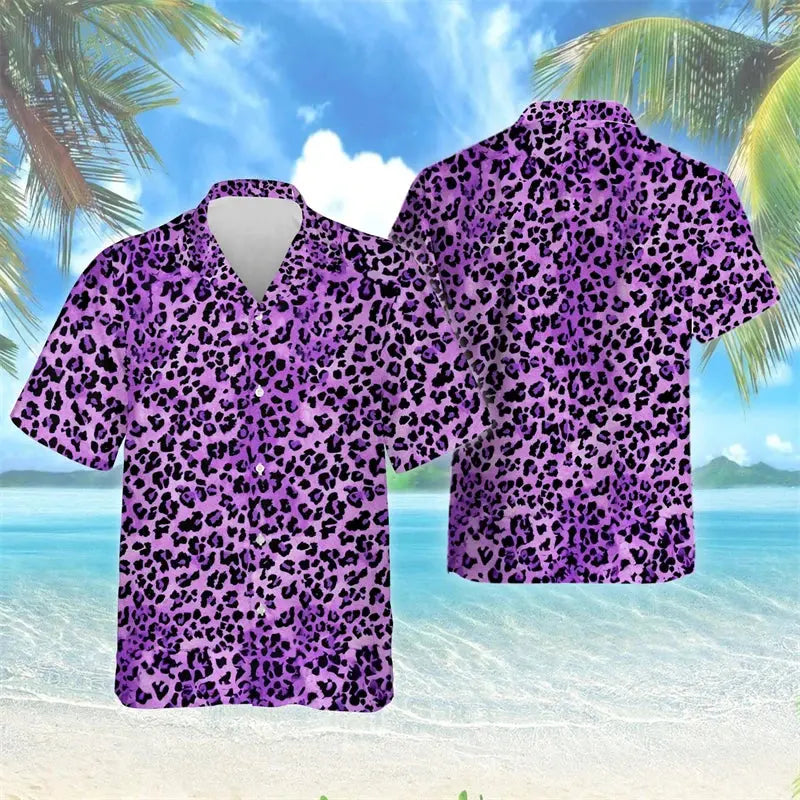 Female Leopard Graphic Lapel Blouse Fashion Male Streetwear Hip Hop Shirt For Men Clothes Wild Animal Short Sleeve Cheetah Top - Jungle Line