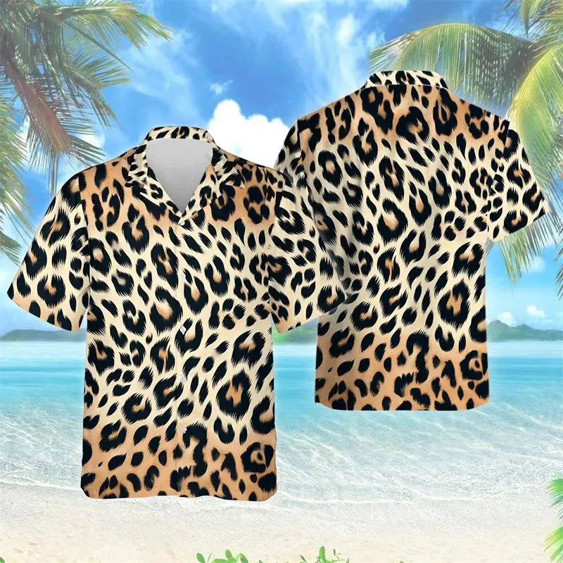 Female Leopard Graphic Lapel Blouse Fashion Male Streetwear Hip Hop Shirt For Men Clothes Wild Animal Short Sleeve Cheetah Top - Jungle Line