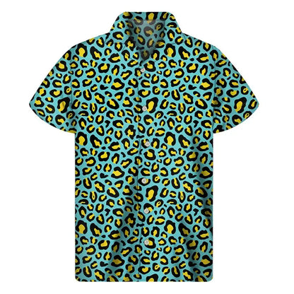 Colorful leopard Hawaiian shirt for men by Jungle Line featuring vibrant 3D print and tropical jungle design.