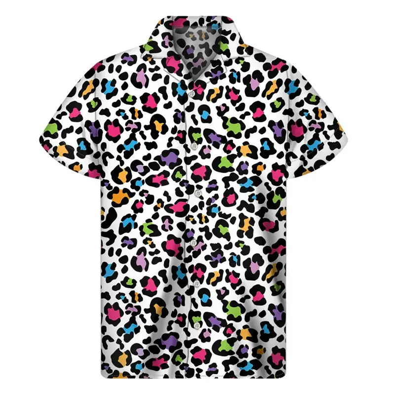 Colorful leopard Hawaiian shirt for men by Jungle Line featuring vibrant 3D print and tropical design.