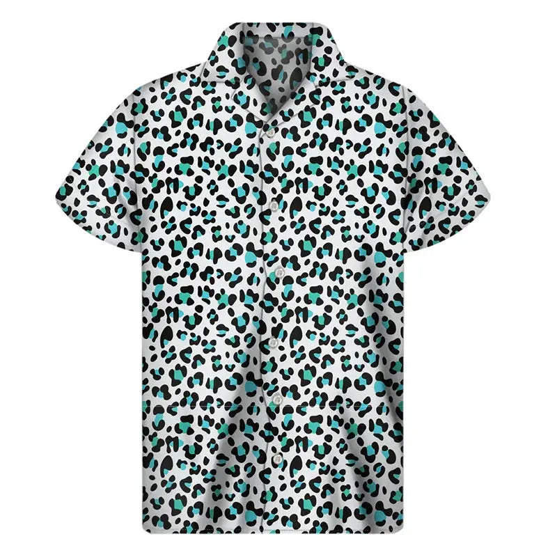 Colorful leopard Hawaiian shirt for men by Jungle Line featuring vibrant 3D leopard print and tropical design.