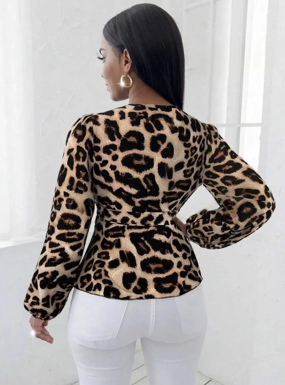 European and American leopard print spring and autumn fashionable and versatile lacing waist cinching slim long-sleeve shirt - Jungle Line
