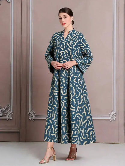 Rafiah Select Women's Dresses Summer Midi A Line Long Dresses Korean Elegant Decent Fashion 2025 Full Print Long Sleeve V-Neck - Jungle Line