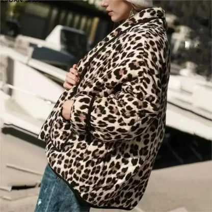 Dark green Jungle Line leopard print cardigan for women, loose casual coat with lapel, pockets, and open stitch design.