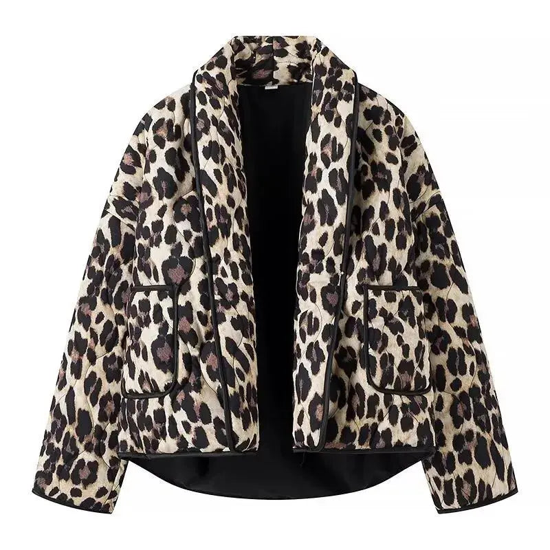 Dark green Jungle Line leopard print women's cardigan with lapel collar, pocket, loose fit, casual open-stitch outerwear.