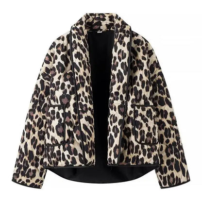 Dark green Jungle Line leopard print women's cardigan with lapel collar, pocket, loose fit, casual open-stitch outerwear.