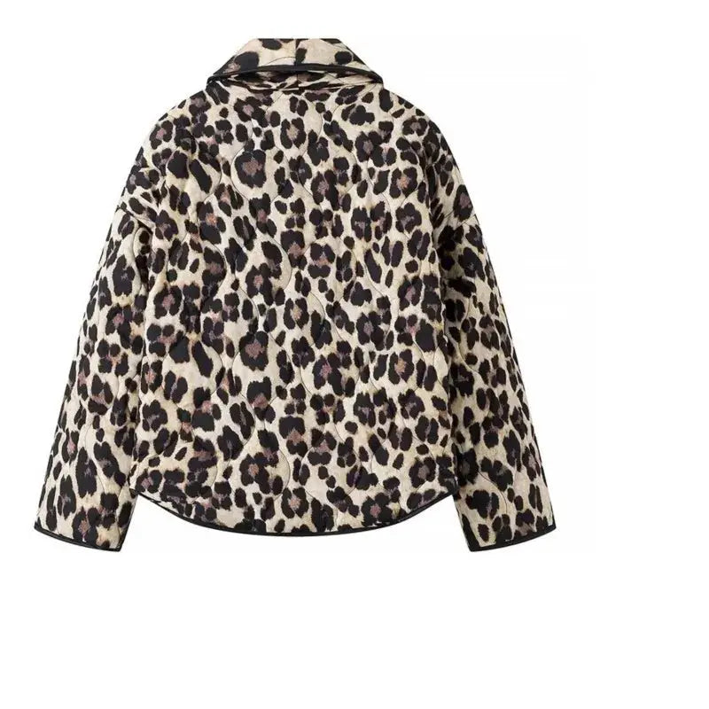Dark green Jungle Line leopard print cardigan jacket for women with lapel collar, pockets, loose fit, casual retro style outerwear.