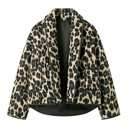 Dark green Jungle Line leopard print cardigan for women, loose fit with lapel collar, pockets, casual open-stitch outerwear.