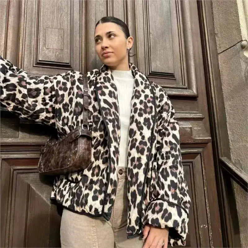 Dark green Jungle Line leopard print cardigan for women with lapel collar, pockets, loose fit, casual retro open stitch outerwear.