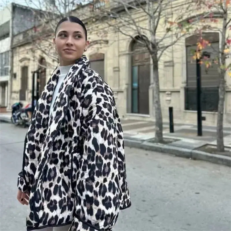 Dark green Jungle Line leopard print cardigan for women, loose-fit casual coat with lapel, pockets, open stitch detail, retro style outerwear.
