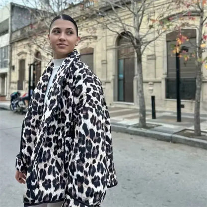 Dark green Jungle Line leopard print cardigan for women, loose-fit casual coat with lapel, pockets, open stitch detail, retro style outerwear.