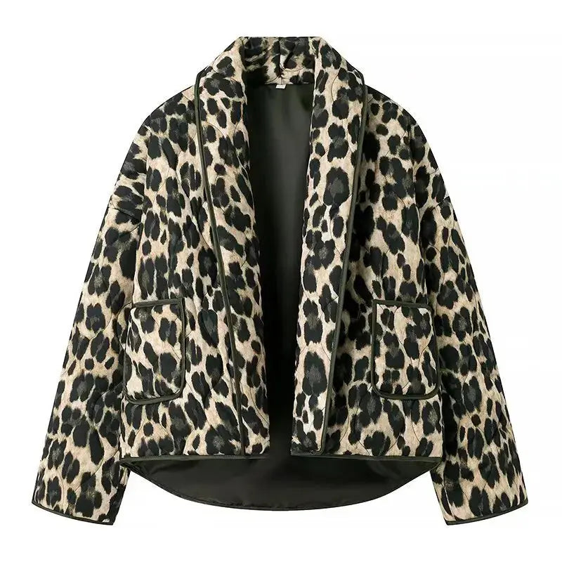 Dark green Jungle Line leopard print cardigan for women, loose fit casual jacket with lapel, pockets, and open stitch design.