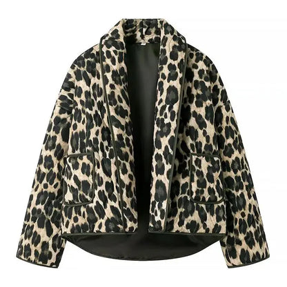 Dark green Jungle Line leopard print cardigan for women, loose fit casual jacket with lapel, pockets, and open stitch design.