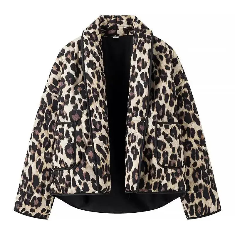 Dark green Jungle Line leopard print cardigan for women with lapel collar, pockets, and a loose casual fit.