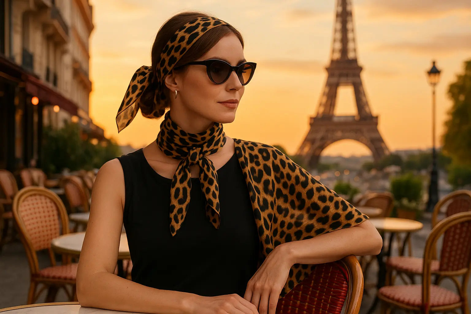 Femme élégante portant une écharpe léopard de différentes façons lors d'une soirée d'été à Paris