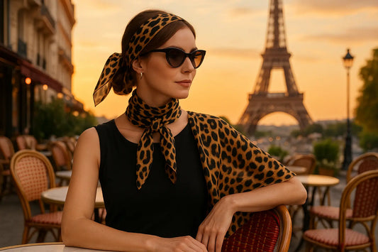 Femme élégante portant une écharpe léopard de différentes façons lors d'une soirée d'été à Paris
