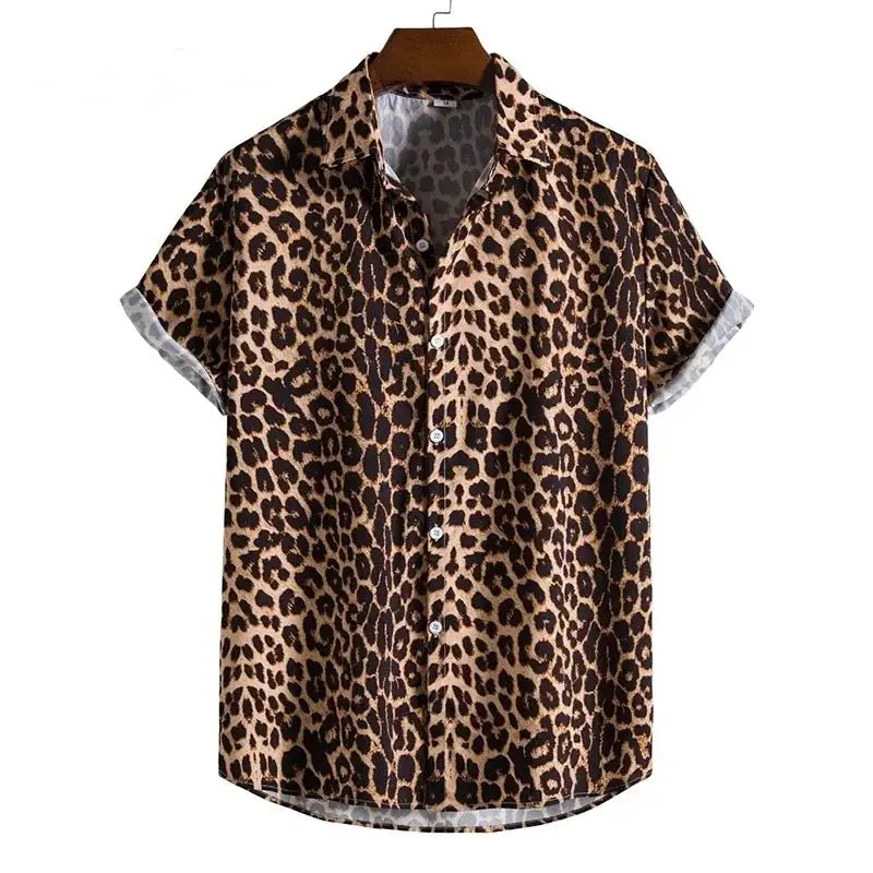 Leopard Hawaiian floral slim fit men's shirt by Jungle Line, featuring tropical print and casual style, shown in size 3XL.