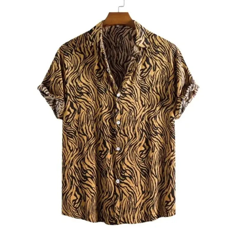 Leopard Hawaiian floral male slim fit shirt by Jungle Line, featuring tropical print and vibrant floral design.