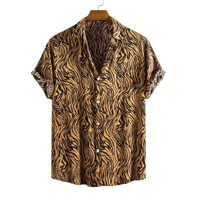 Leopard Hawaiian floral slim fit men's shirt by Jungle Line featuring bold tropical print and vibrant colors.