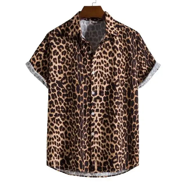 Leopard Hawaiian floral slim fit men's shirt by Jungle Line, featuring bold tropical print and vibrant colors.
