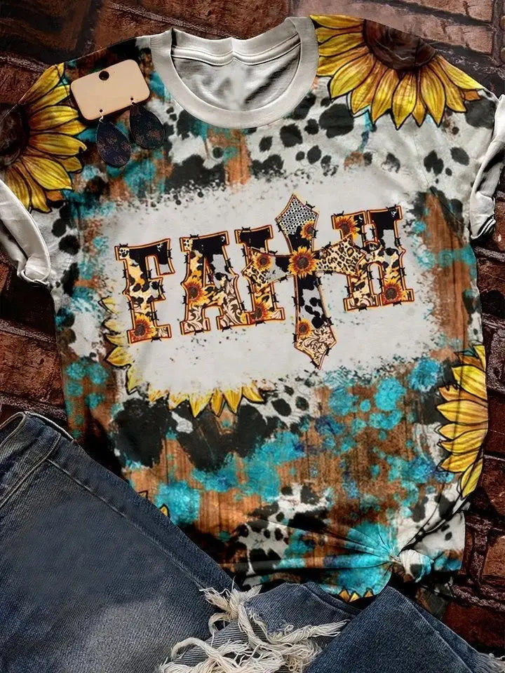 Jesus Cross T Shirt Gold Sunflower 3d Print T-shirt Women Jungle Line