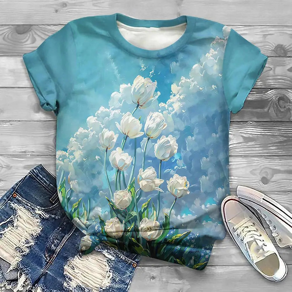 Flower Floral Pattern 3D Print T-Shirts Women Casual O-Neck Short Sleeve T Shirt Y2k Harajuku Tee Streetwear Top Female Clothing - Jungle Line