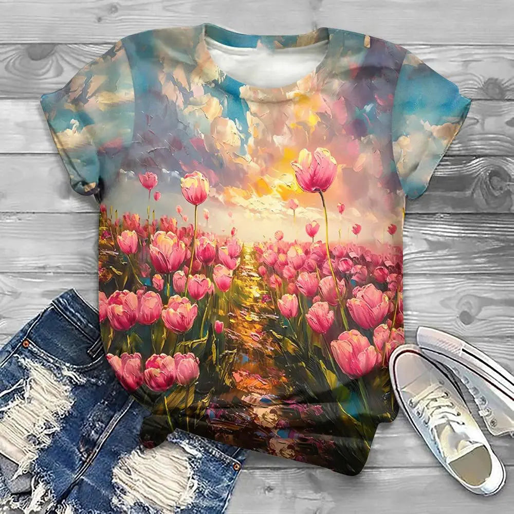 Flower Floral Pattern 3D Print T-Shirts Women Casual O-Neck Short Sleeve T Shirt Y2k Harajuku Tee Streetwear Top Female Clothing - Jungle Line