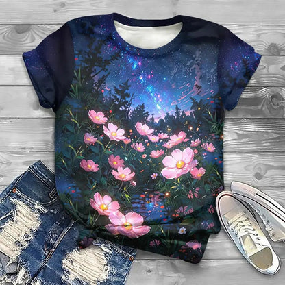 Flower Floral Pattern 3D Print T-Shirts Women Casual O-Neck Short Sleeve T Shirt Y2k Harajuku Tee Streetwear Top Female Clothing - Jungle Line