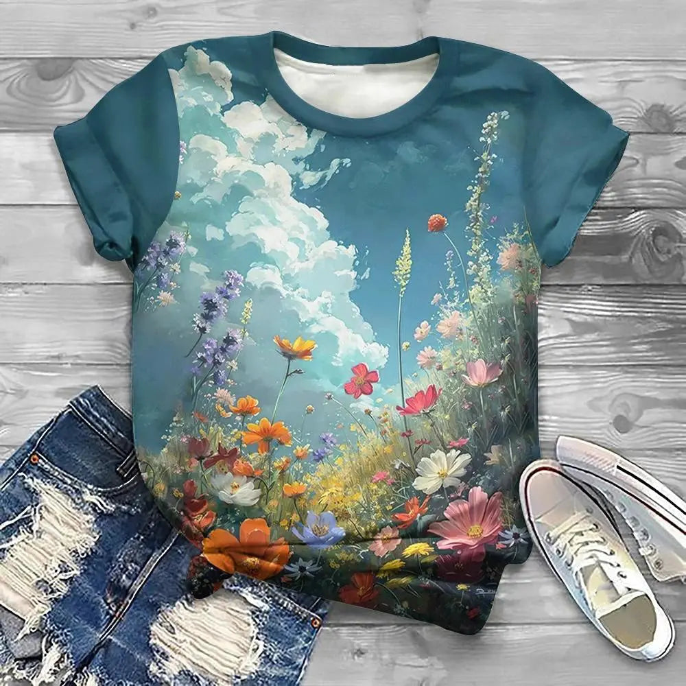 Flower Floral Pattern 3D Print T-Shirts Women Casual O-Neck Short Sleeve T Shirt Y2k Harajuku Tee Streetwear Top Female Clothing - Jungle Line