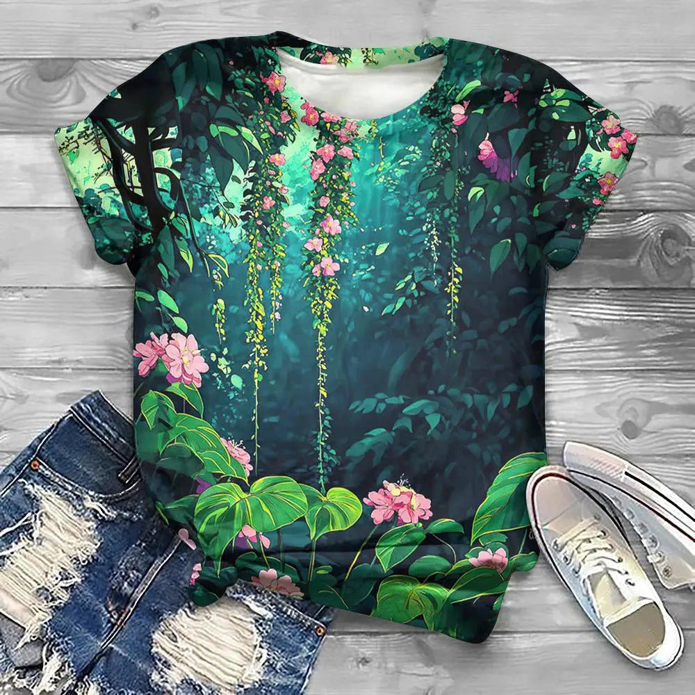 Flower Floral Pattern 3D Print T-Shirts Women Casual O-Neck Short Sleeve T Shirt Y2k Harajuku Tee Streetwear Top Female Clothing - Jungle Line