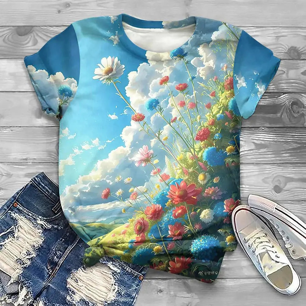 Flower Floral Pattern 3D Print T-Shirts Women Casual O-Neck Short Sleeve T Shirt Y2k Harajuku Tee Streetwear Top Female Clothing - Jungle Line