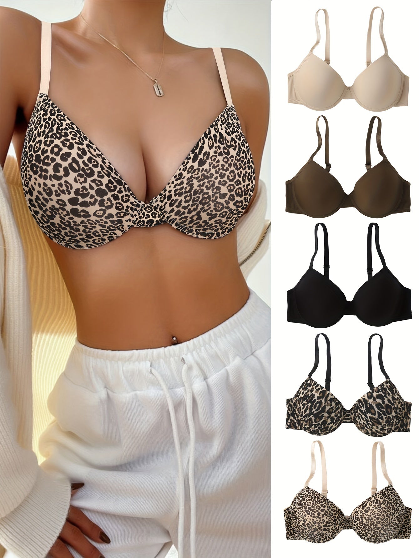 5pcs Luxurious Leopard Print & Solid T-Shirt Bras - Ultra-Comfortable, Breathable Push Up Design - Seamless, Adjustable Straps for Womens Lingerie Wardrobe Essentials - Jungle Line