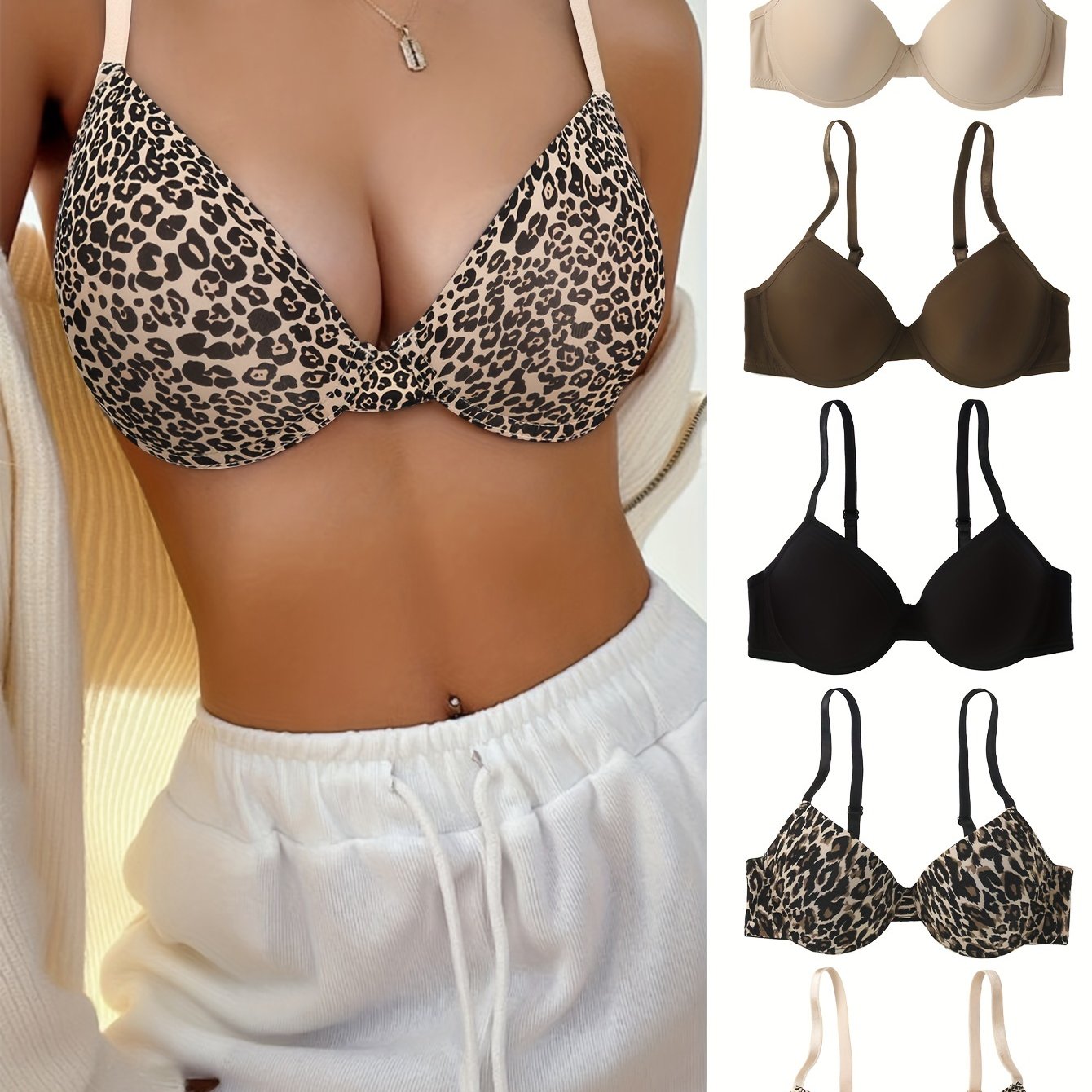 5pcs Luxurious Leopard Print & Solid T-Shirt Bras - Ultra-Comfortable, Breathable Push Up Design - Seamless, Adjustable Straps for Womens Lingerie Wardrobe Essentials - Jungle Line