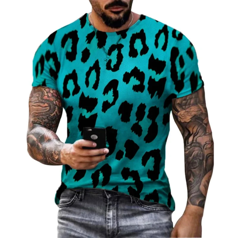 T-shirt graphique léopard pour hommes et femmes, style streetwear, avec impression 3D, manches courtes et coupe décontractée.