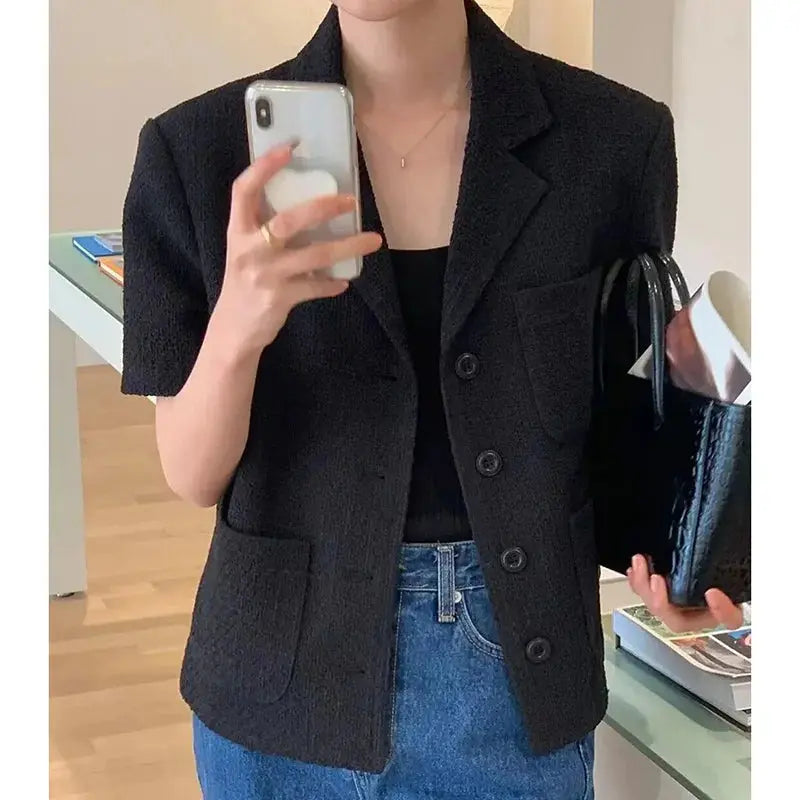 Jungle Line women's Korean style suit jacket with lapel, single breasted, multiple pockets, short sleeves, loose fit, summer 2025 fashion